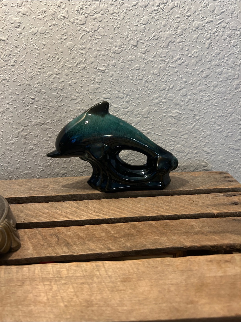 Ceramic Dolphin Figurine in Teal and Black - Decorative Home Accent coastal